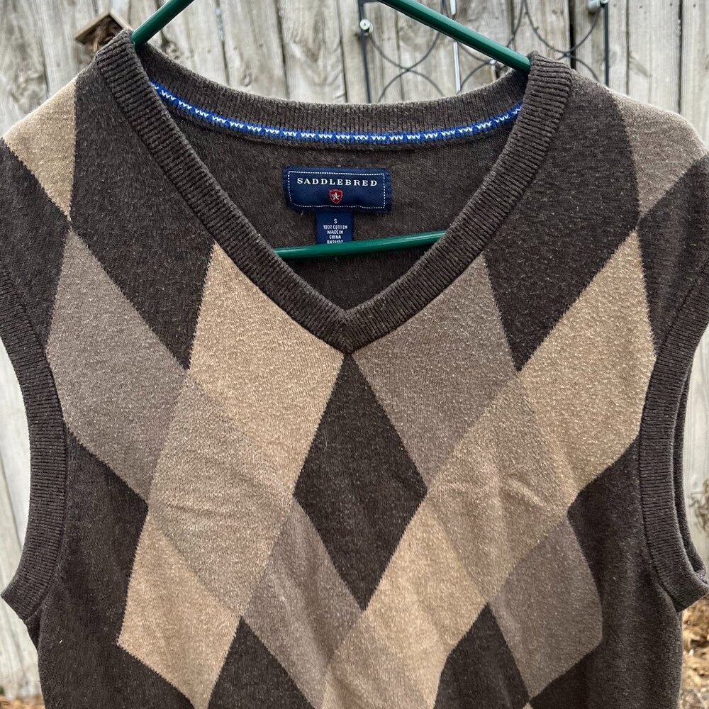 VTG Saddlebreed Argyle Sweater Vest Brown Cream Preppy Grandpa Academia Small